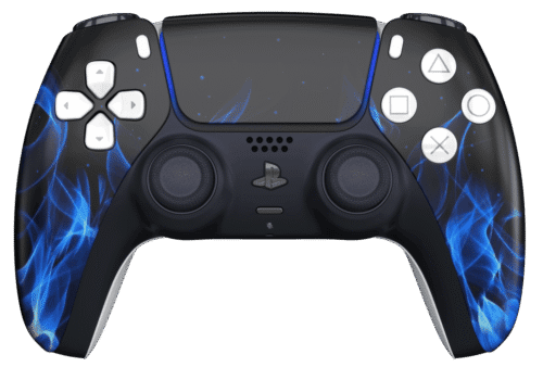 Blue Flames PS5 Controller with White Buttons and Back Shell