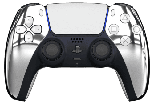 Chrome Silver PS5 Controller with White Buttons and Back Shell