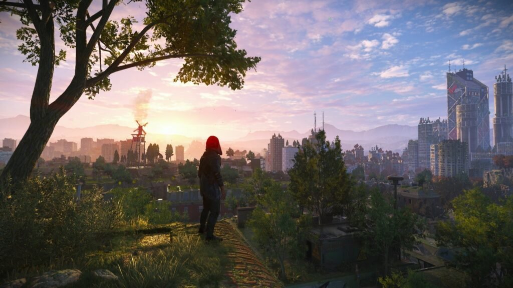 An in-game screenshot of the protagonist of Dying Light 2 overlooking the fictional city of Villedor.