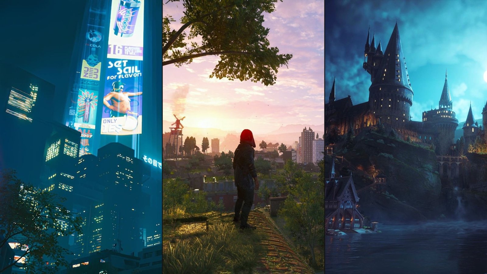 An image containing screenshots from games like Hogwarts Legacy, Dying Light 2, and Cyberpunk 2077.