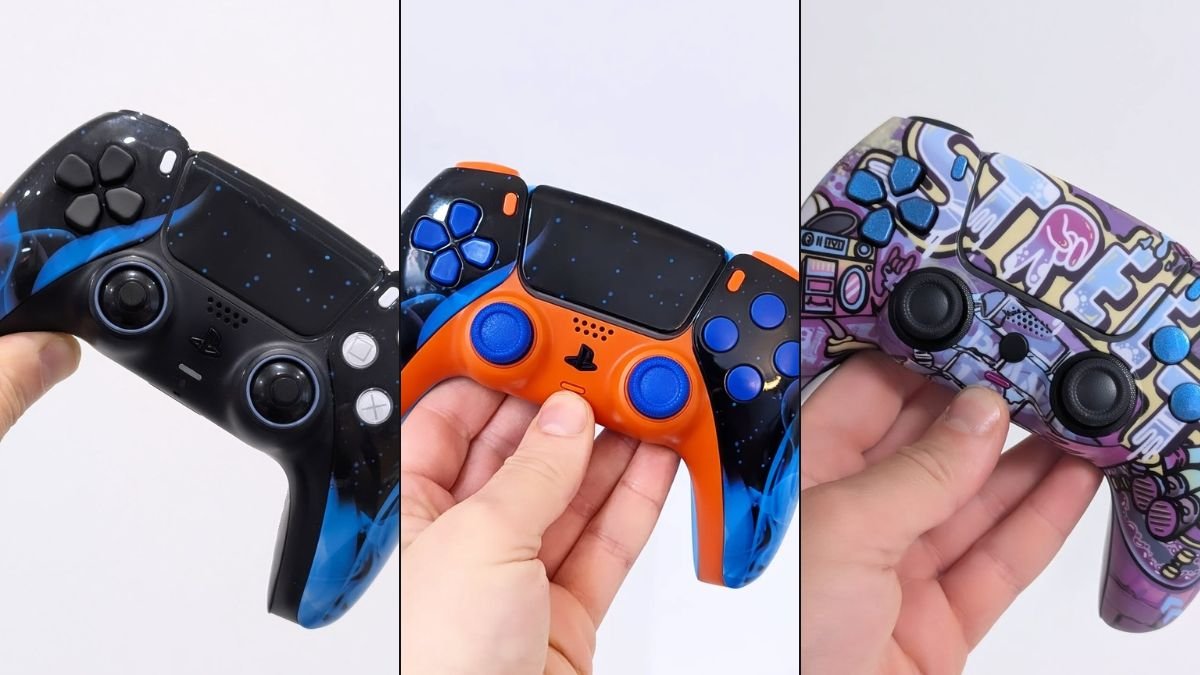 Photos of custom PS5 controllers done by The Controller People