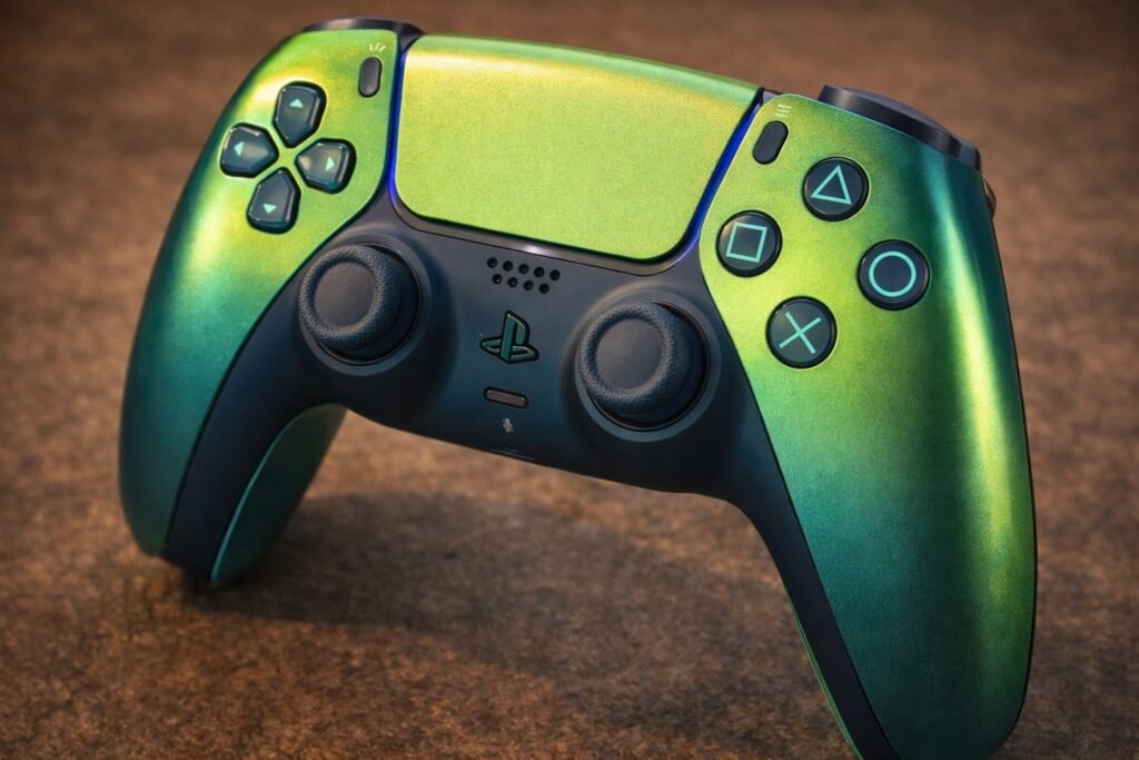 Sony Chroma Teal DualSense PS5 controller with iridescent green finish shifting colour at different angles.