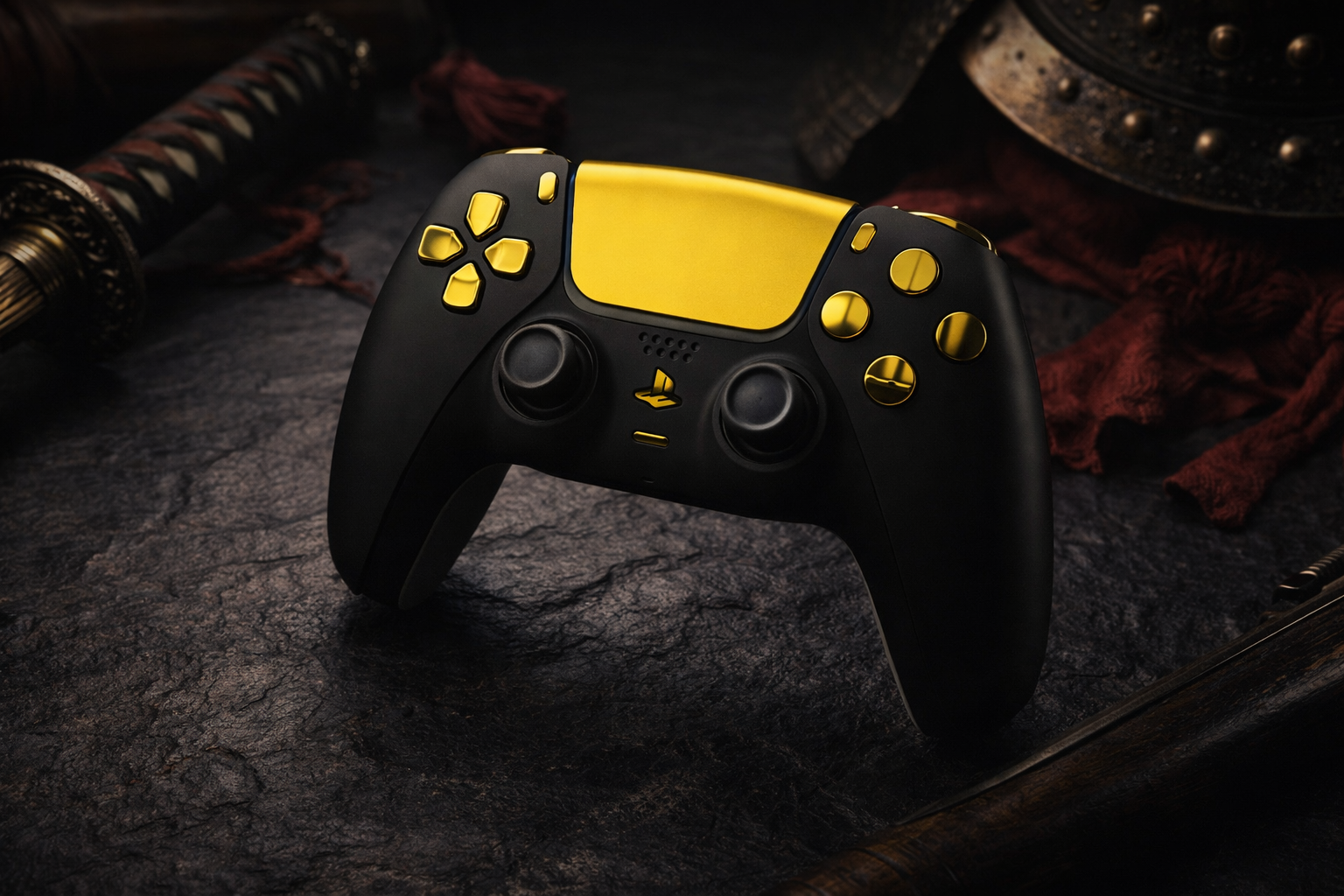 Ghost of Tsushima themed custom PS5 controller in matte black with gold buttons inspired by Jin Sakai Ghost armour.