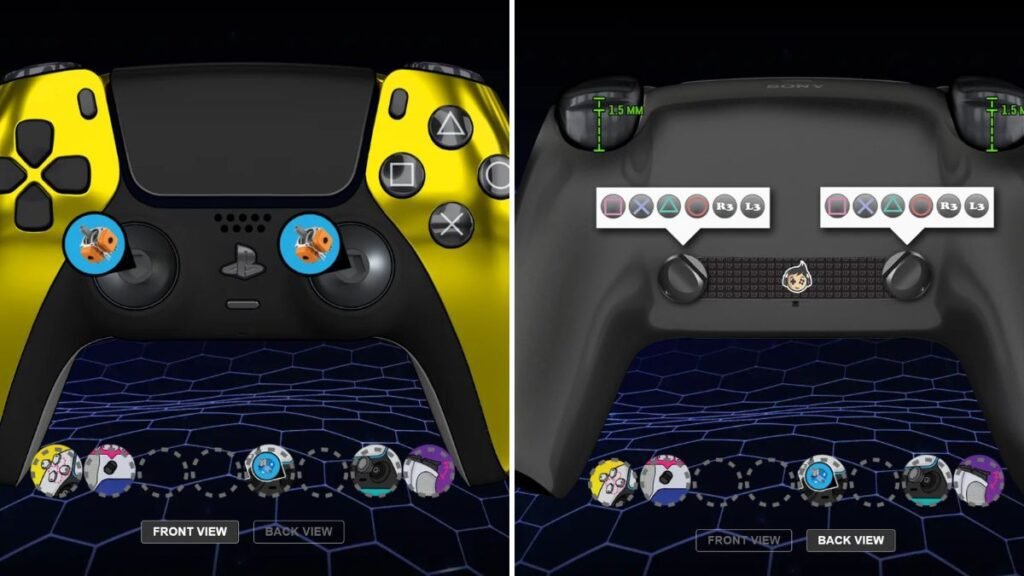 Chrome gold custom PS5 controller with TMR drift-proof sticks and digital triggers inspired by Ghost of Tsushima kintsugi art style.