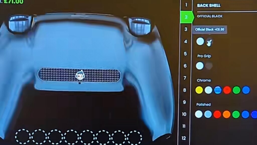 TCP custom PS5 controller builder showing 16 step configurator to build a personalised PS5 controller from 65 to 190 pounds