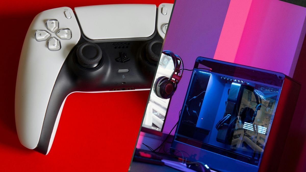 PS5 DualSense controller connected to gaming PC via USB cable with light bar glowing for PC gaming setup