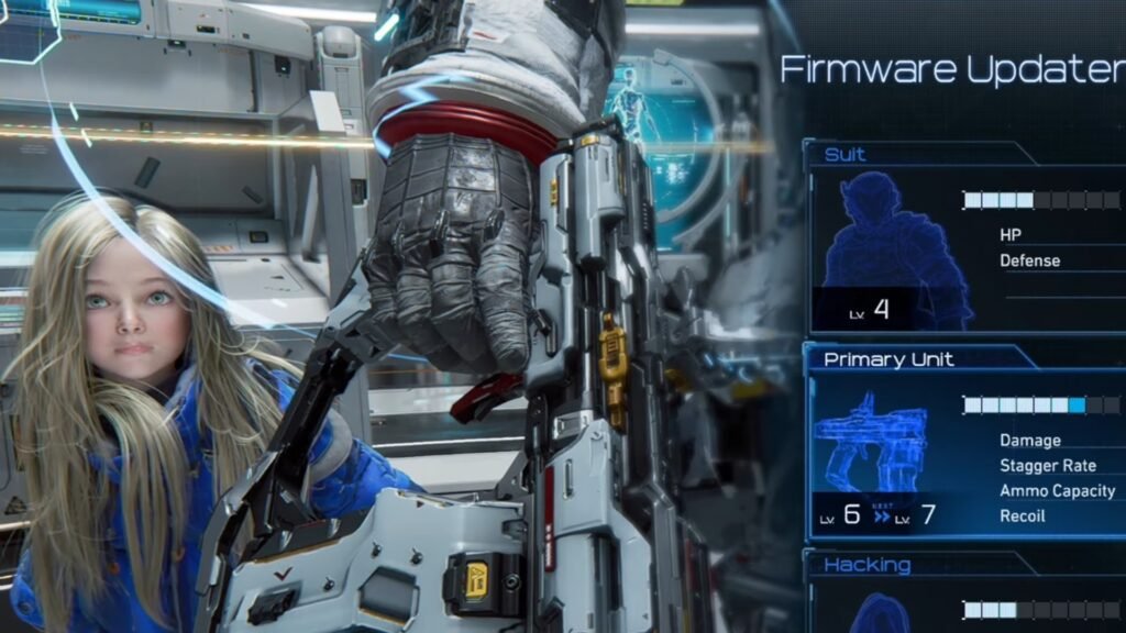 Pragmata hacking grid overlay during combat showing simultaneous shooting and node navigation on PS5 DualSense controller.