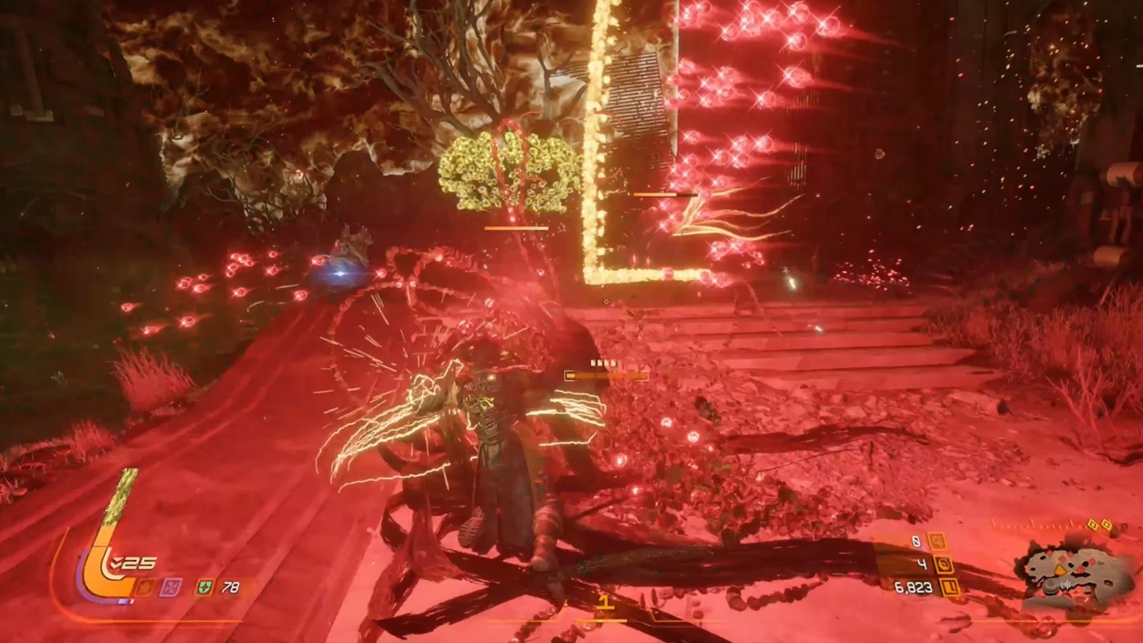 Best PS5 controller settings for Saros 2026 showing Arjun Devraj Soltari Shield bullet-hell combat on Carcosa.