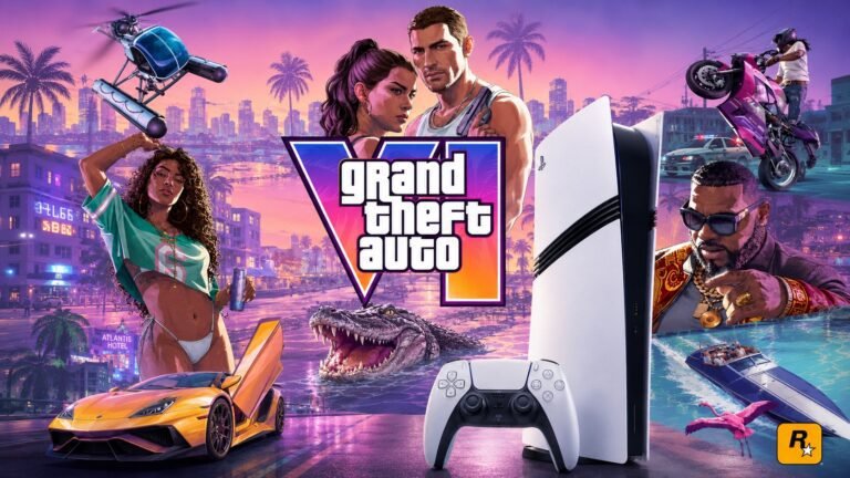 GTA 6 on PS5 everything you need November 2026 showing PlayStation 5 Pro console DualSense controller and game art