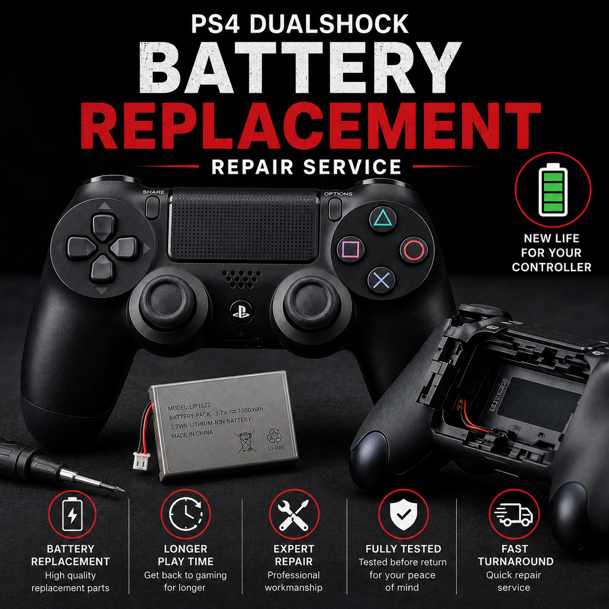 send-in, ps4, dualshock-4, playstation-controller, battery-replacement, charging-repair, controller-repair