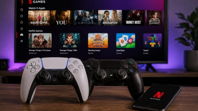 DualSense and DualShock 4 controllers in front of a TV showing Netflix Games for playing with a PlayStation controller